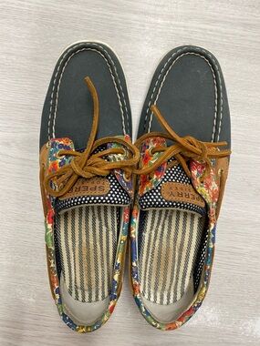Sperry Navy Boat Shoes with Multicolor Floral Trim
